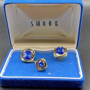 Vintage Swank Blue Faceted Crystal Cufflinks & Tie Tack Boxed Set